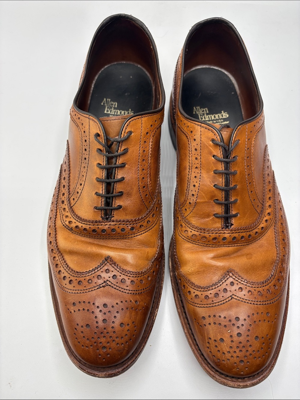 Allen Edmunds Men’s Size 11 McAllister Cognac Leather Brogue Wingtip Dress Shoes